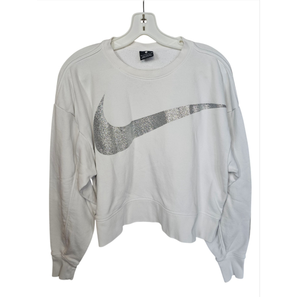Nike Women's Fleece Sweatshirt Dri-FIT Get Fit Sparkle Logo Cropped White S EUC